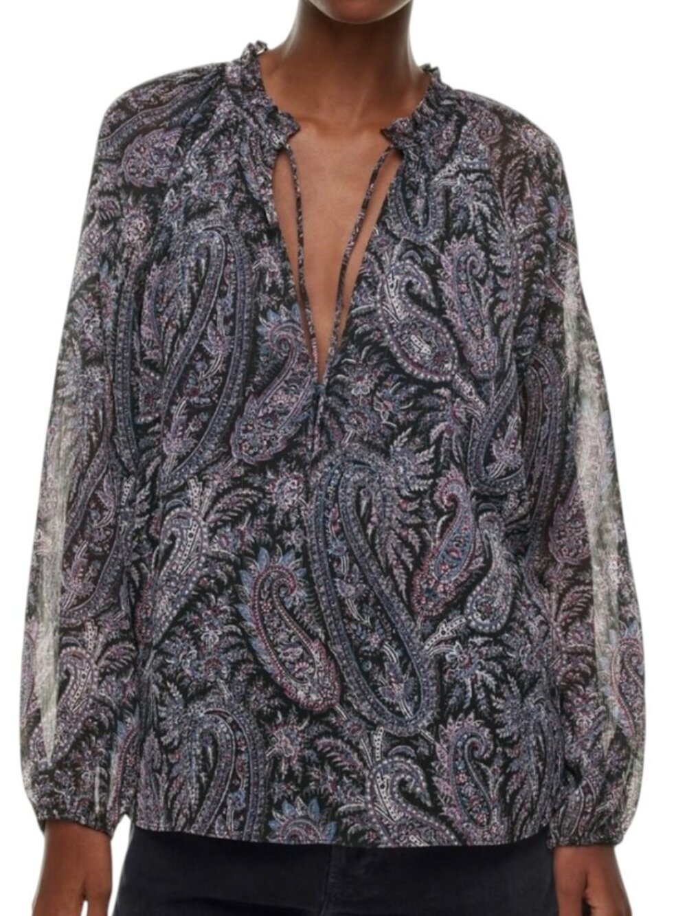 Little Moon Daytrip Paisley Blouse XS Boho Sheer Tie Neck NWT